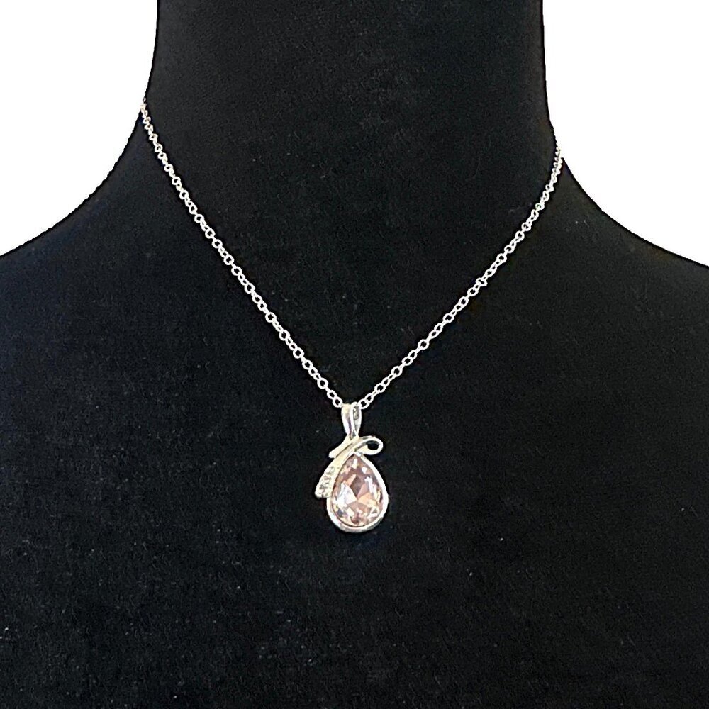 Pink Tear Drop Pendant Necklace Crystal Accent Silver Tone Adjustable Length